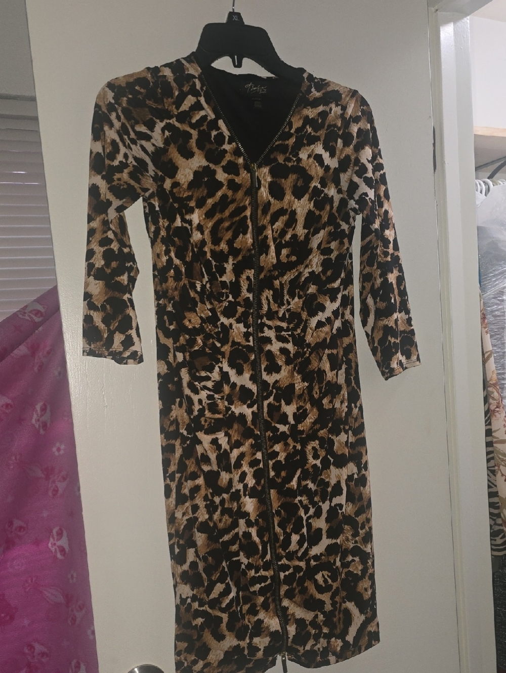 Thalia Sodi Leopard Zip-Front Long Sleeve Dress - Brown/Black